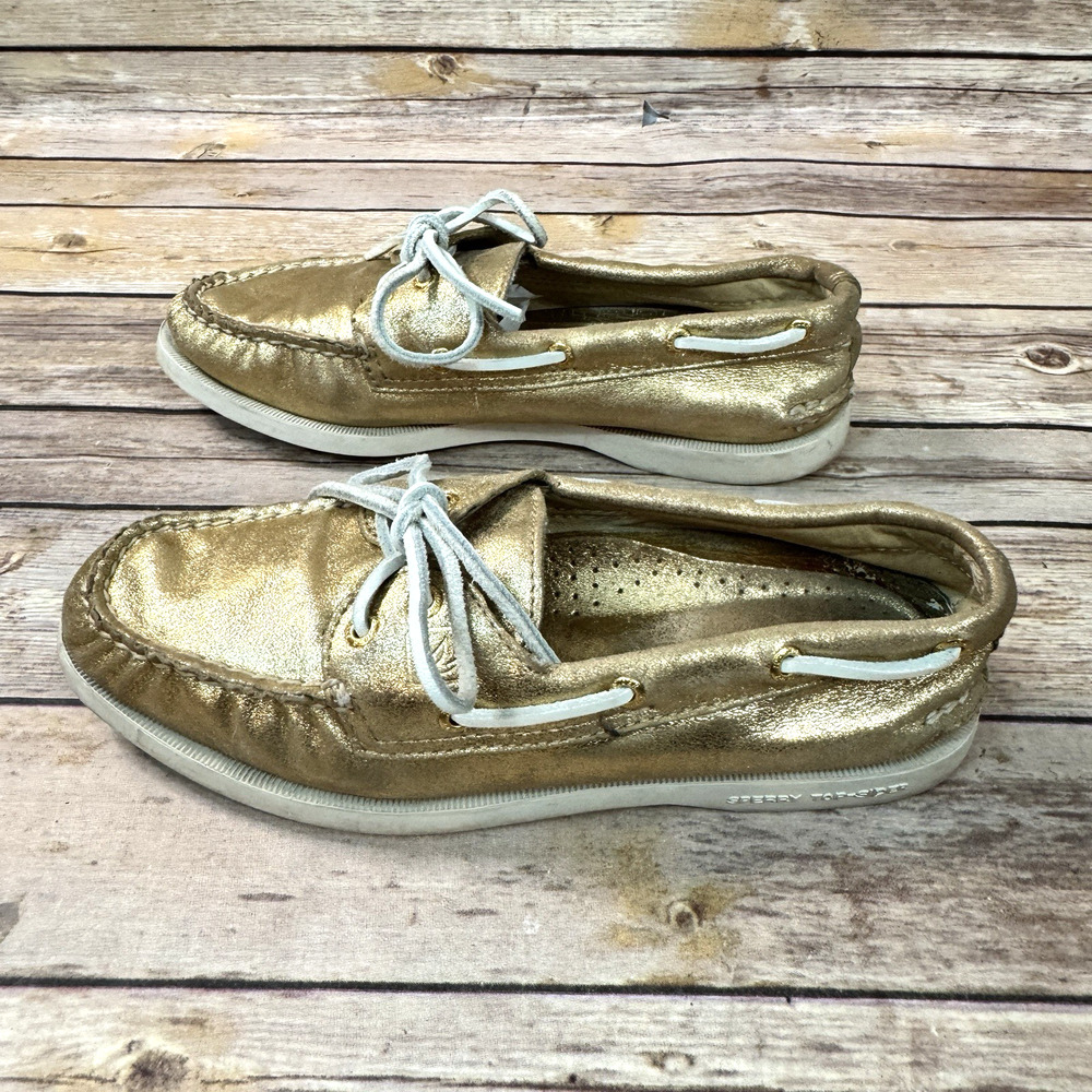 Sperry Womens Gold Leather Lace Up Boat Shoes 7M Preppy Shoes Nautical Classic - Picture 4 of 8